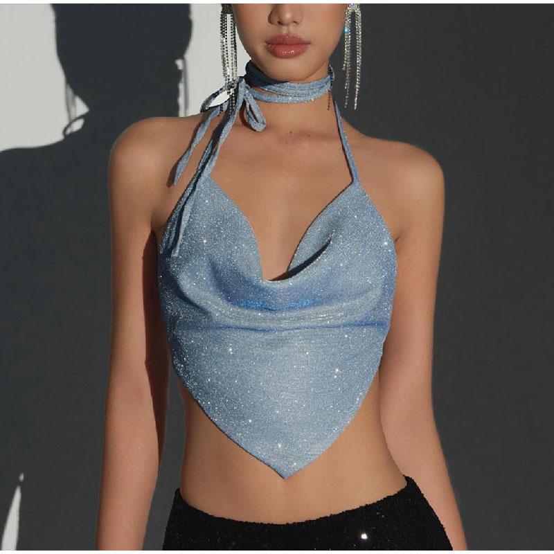 Women Crop T-shirt Tank Top Sequin Summer Backless Female T-Shirts 2023 New Night Club Party Tee Corset
