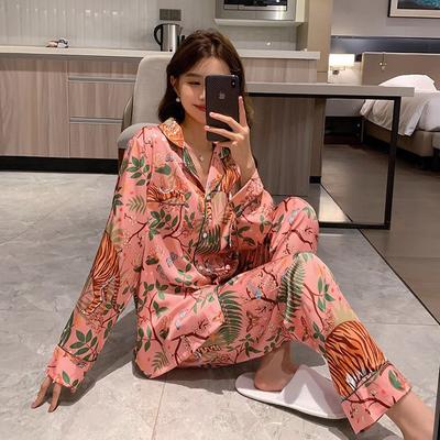 Pijama Seda Gelo Manga Comprida Conjunto Primavera e Verão Roupa de Dormir Estampada de Luxo Leve