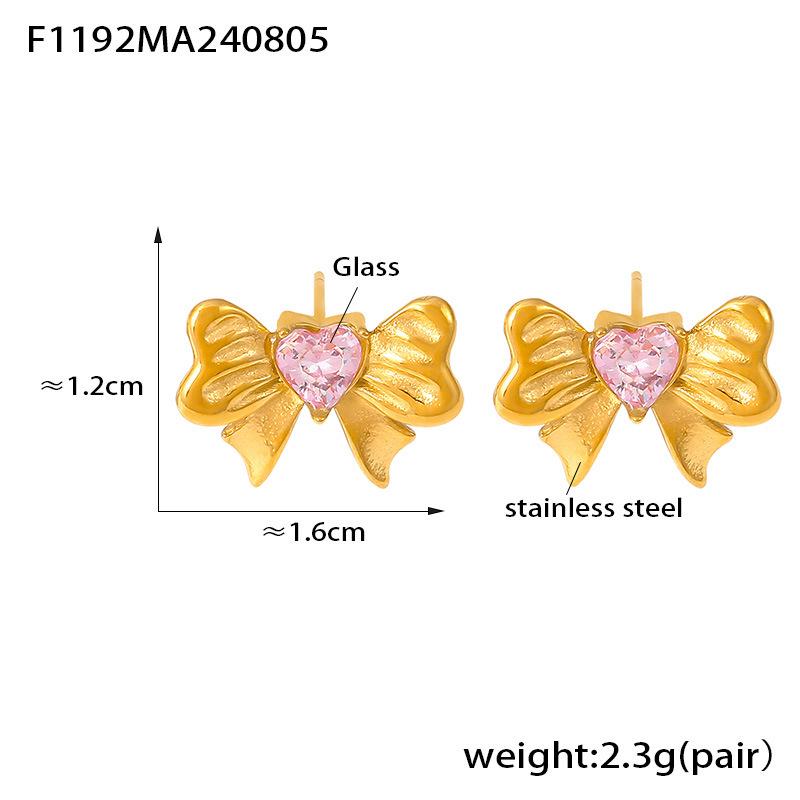 Gold-Plated Zircon Heart Stud Earrings with Pleated Bow Design