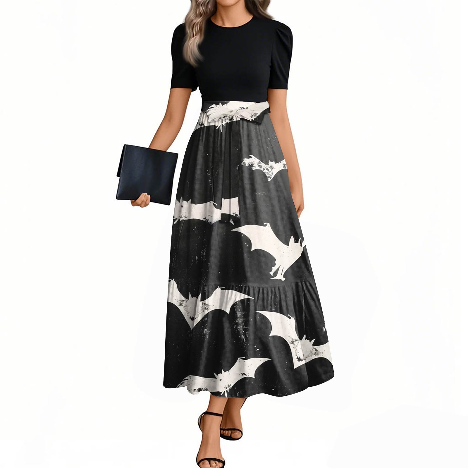 

Женское модное повседневное платье с поясом, с коротким рукавом, круглым вырезом и элегантным принтом на Хэллоуин L чёрный