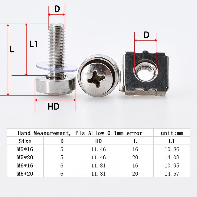 Phillips Screw For Rack Mount Server Cabinet Shelves Bolts With Washer Metric Threaded Cage Nut Screws Kit M6x16mm M6x20mm 4Set