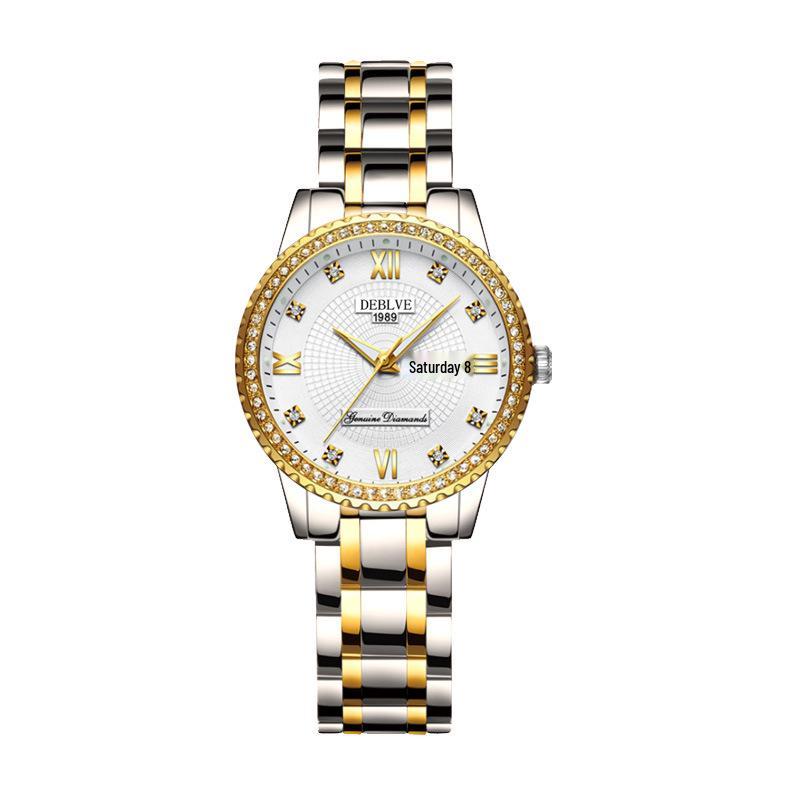 Reloj de Acero Impermeable para Mujer con Diamantes Luminosos Incrustados y Doble Calendario
