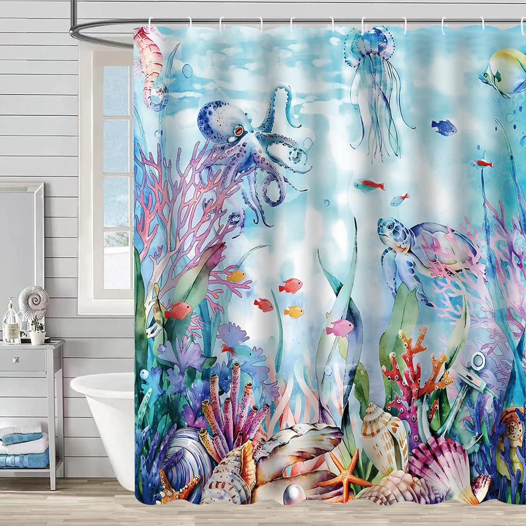 Coastal Turtle Shower Curtain Fish Coral Starfish Shell Blue Ocean Beach Waterproof Polyester Fabric Bathroom Curtains