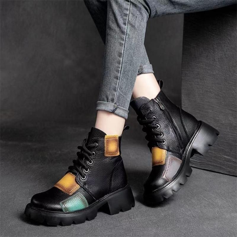 Retro thick heel Martin boots women's autumn and winter new soft leather color matching short boots high heel waterproof table single boots