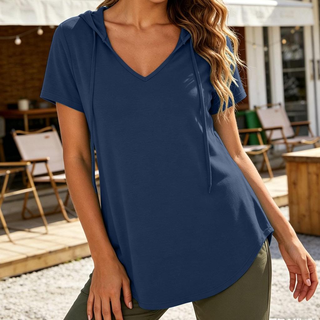 Women’s Short Sleeve Hooded Pullover V Neck Loose Fit Casual Drawstring Shirt Lightweight Comfortable Top for Everyday Wear