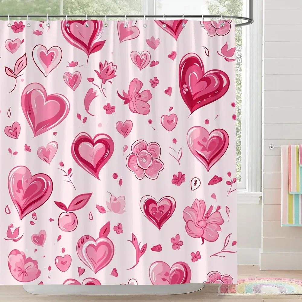 Rainbow Castle Pink Bow Shower Curtain Love Hearts Stars Stripes Colourful Clouds Polyester Fabric Shower Curtain Bathroom Decor
