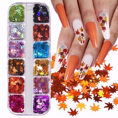 1 krabička javorový list laserové tenké flitry podzimní barevné třpytivé vločky design nail art gel lak akrylátové tipy DIY dekor manikúra