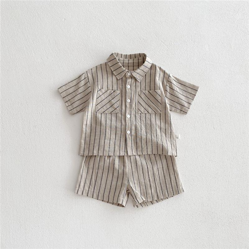 

Летние повседневные комплекты одежды для мальчиков, полосатая футболка с короткими рукавами + шорты, детская одежда из 2 предметов 80