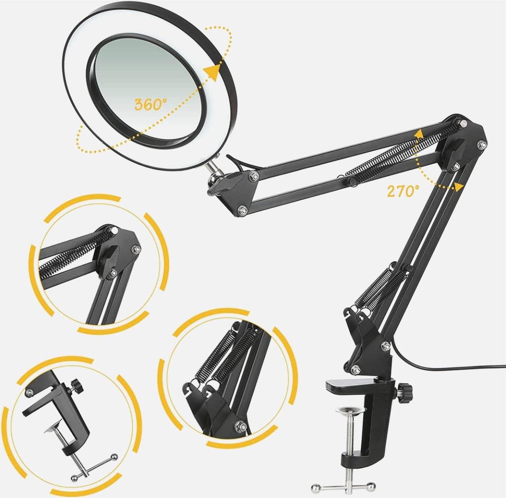 5X Illuminated Magnifier 3 Color Modes Adjustable LED Magnifying Lamp with Clamp for for Repair Craft Close Work Tool