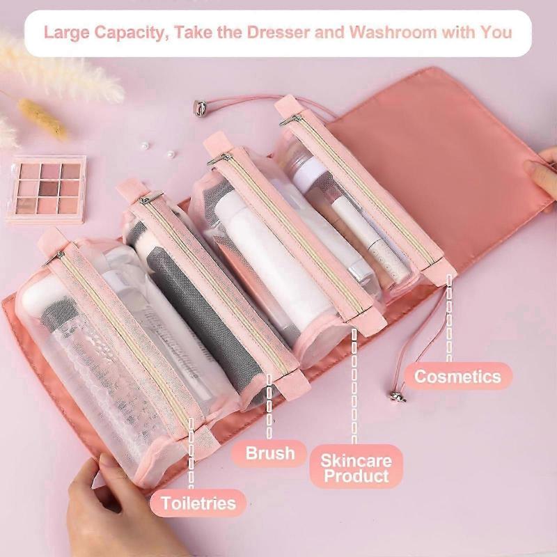 Detachable Makeup Bag, 4 In 1 Portable Cosmetic Bag with Large Capacity Waterproof and Breathable, Hanging Roll Up Travel Toiletry Bag