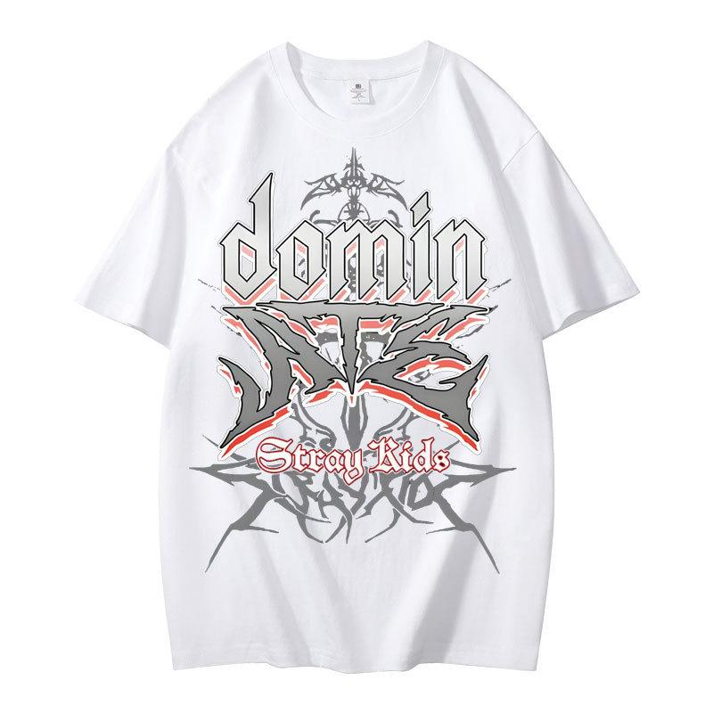 Stray Kids dominATE T‑Shirt Front Domin ATE Gothic Lettering with Red Outline & Stray Kids Script with Tribal Wing Background, Oversized K‑Pop Fan Tee