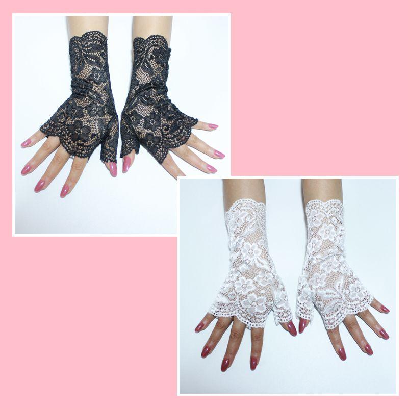 

Half Finger Lace Gloves Mid-Length Short Elastic Dancing Scar Cover up Missing Finger Elegance Mesh Breathable Open Finger Lace Gloves (Black + White) 2 pairs