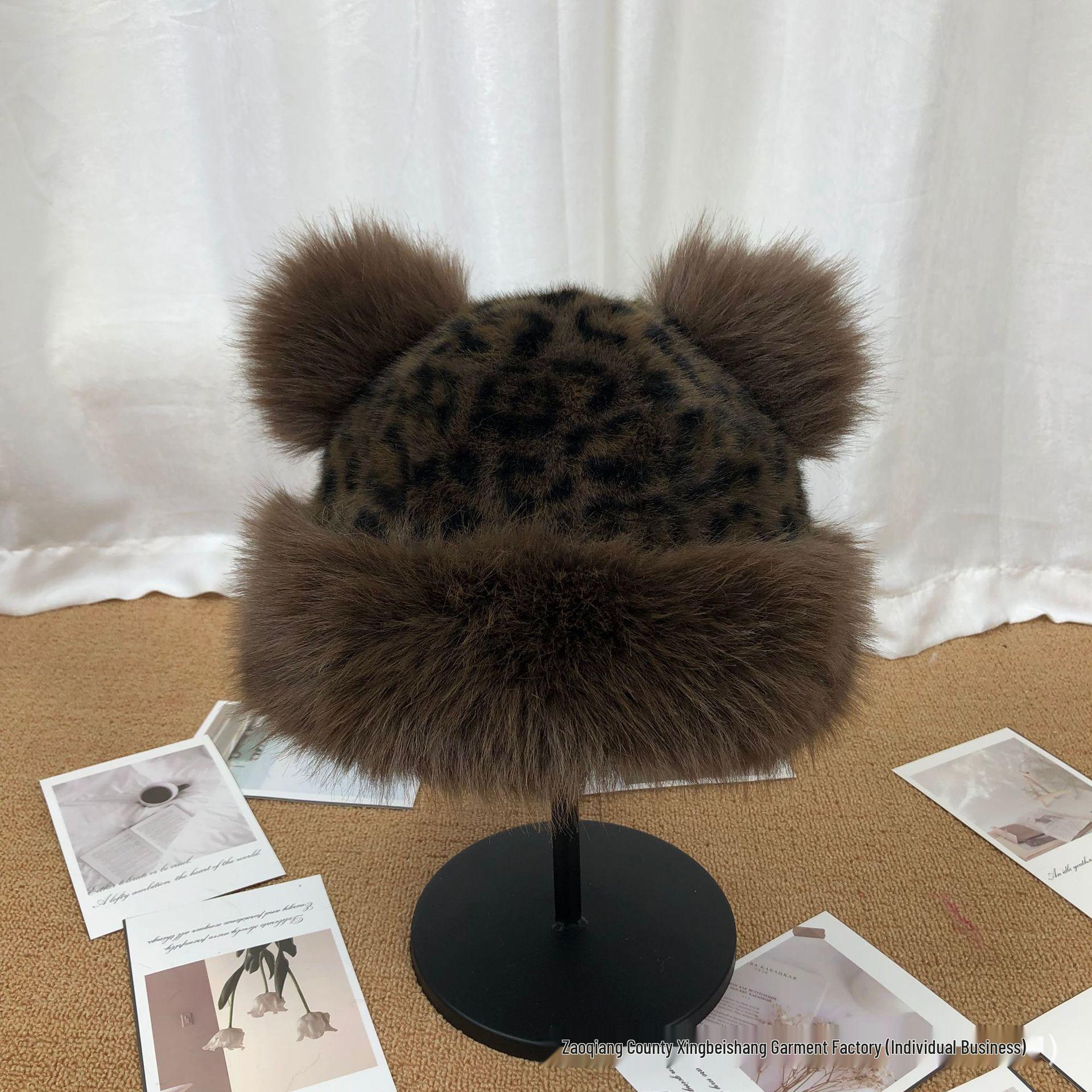 

Панама из искусственного меха с леопардовым принтом и медвежьими ушками - Толстая, теплая, защищающая уши зимняя шапка для женщин