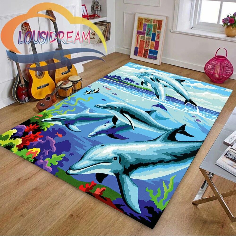 Sea Animal World Koberec Delphinidae Koberec Oceanic Delfíni Obývací pokoj Ložnice Velká plocha Měkká 3D módní dekorace Mat