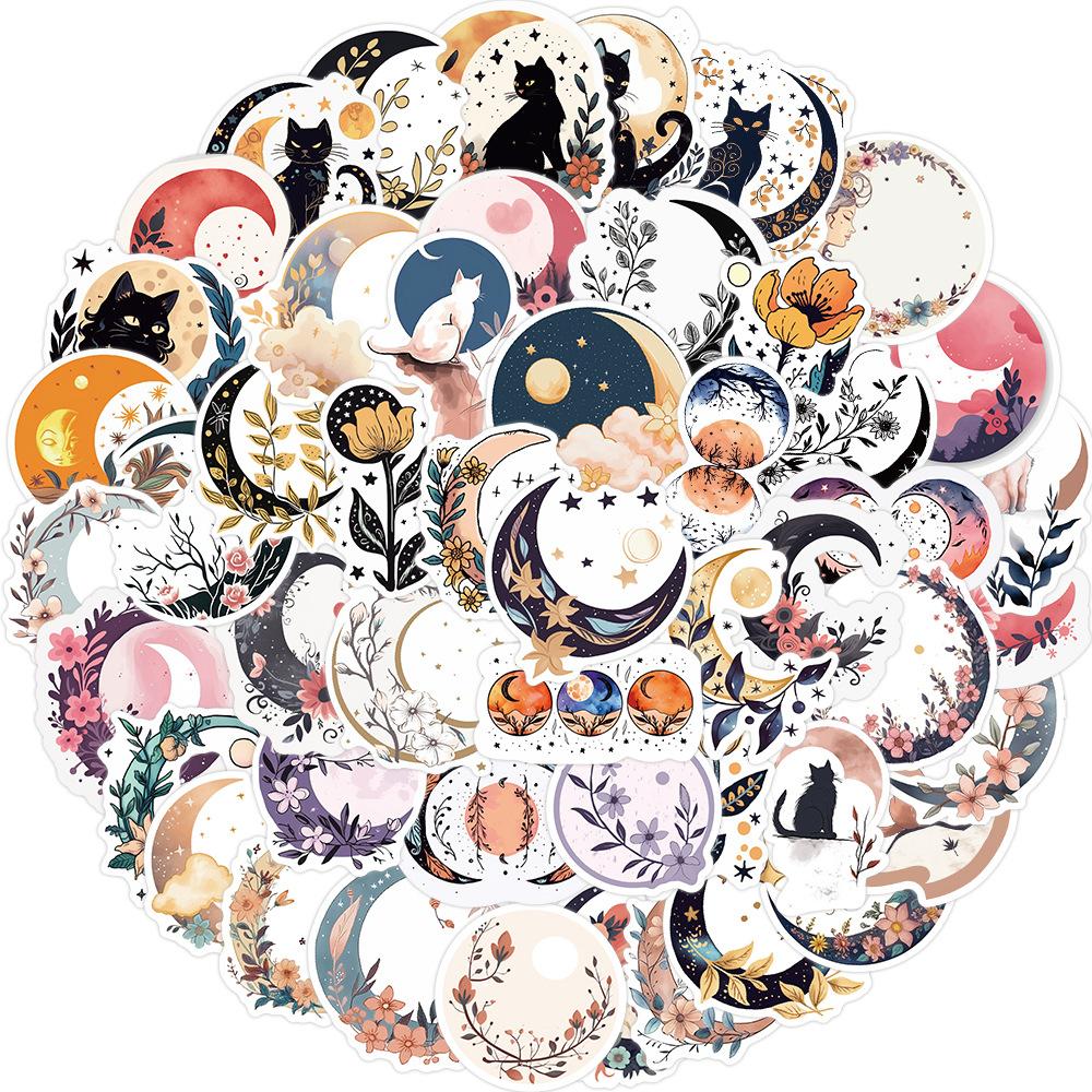 50 Moon Flowers Cat Graffiti Stickers Decorate Guitar Laptop Suitcase DIY Waterproof