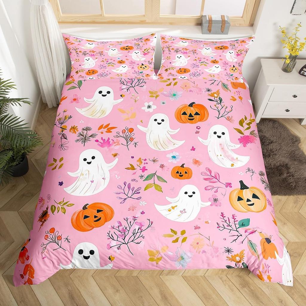 Cartoon Ghost Duvet Cover Scary Halloween Theme Bedding Set Spooky Pumpkin Comforter Cover Skull Skeleton Bed Cover Twin Queen
