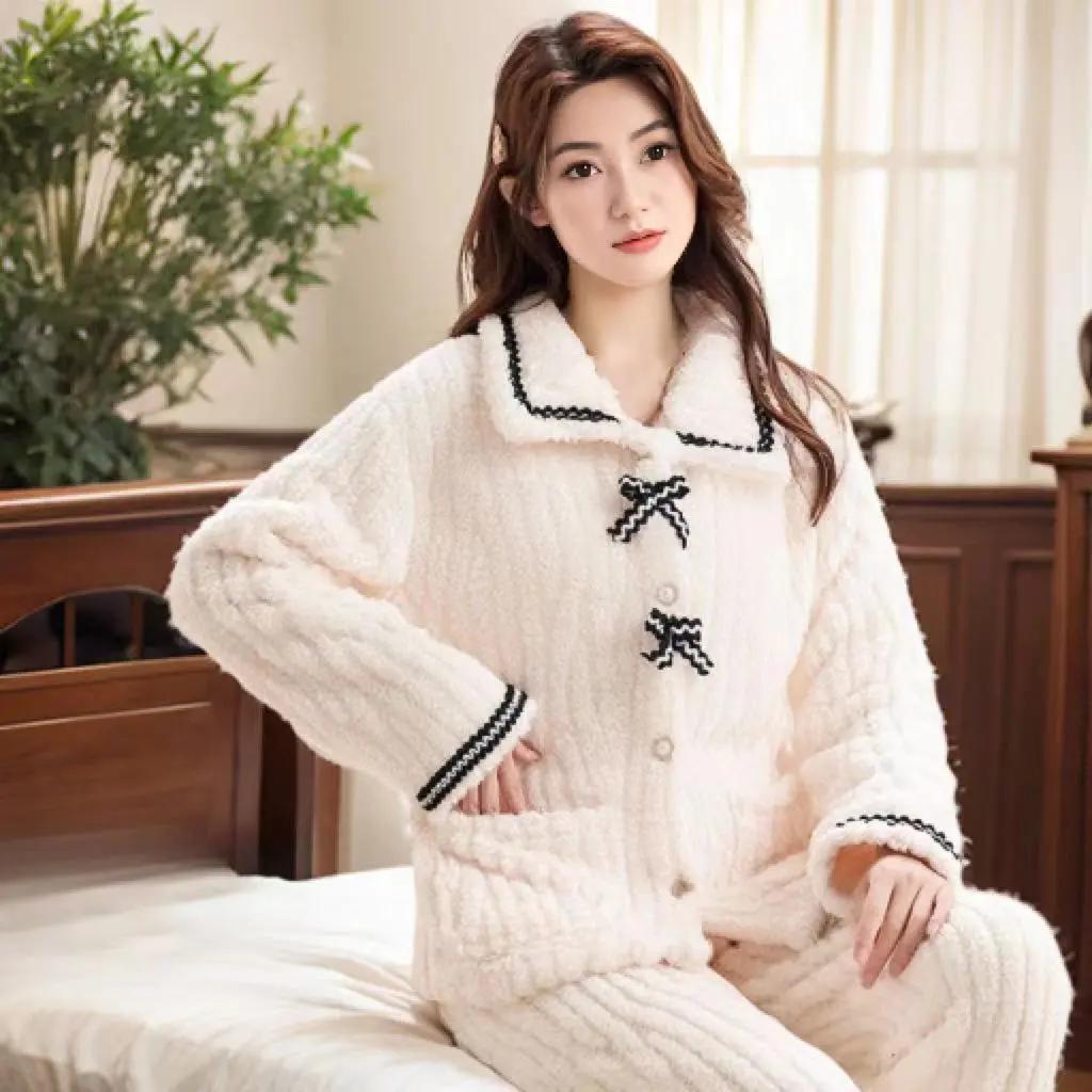 Winter Pajamas Women's Cute Simple Loose Dormitory Coral Fleece Home Service Suit Pajamas