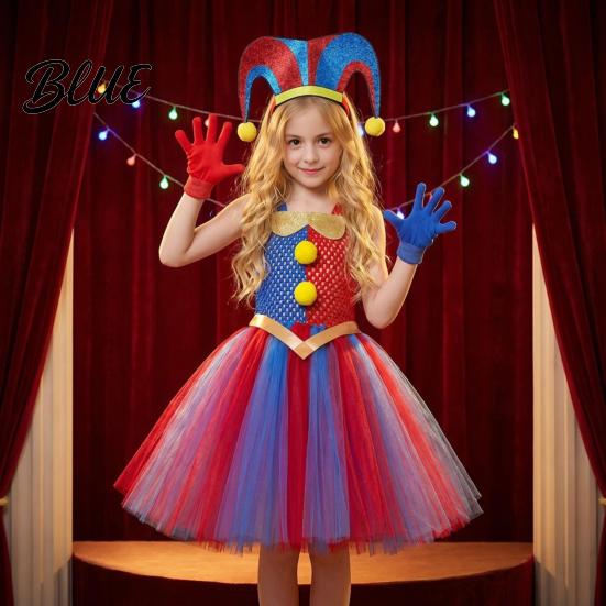 Childrens Pointed Hat Kids Clown Costume Dress Set with Headband & Gloves Girls Circus Soft Mesh Tutu Princess Dress Halloween Stage Performance