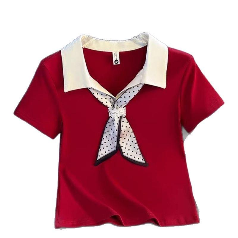 Summer new high-end POLO collar short-sleeved t-shirt women's college style contrasting colors versatile and thin shoulder top