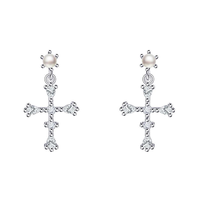 Süße und coole Kreuz Zirkon Ohrstecker für Damen Leichter Luxus Nische Imitationsperlen Fransenohrringe