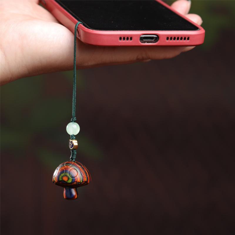 Adorable Mushroom Phone Pendant Keychain - Wood Carving Ornament & Handicraft Gift