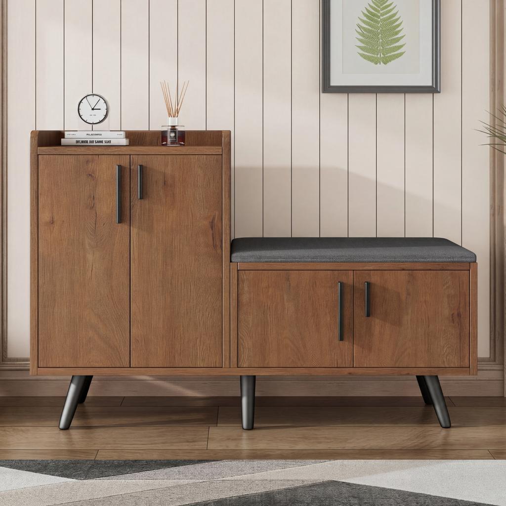 Modern Shoe Bench with Wood Grain, Shoe Cabinet, Four Storage Doors, Asymmetrical Metal Handles, W120/D34/H82.8 CM (OLD SKU: N657P242917N)