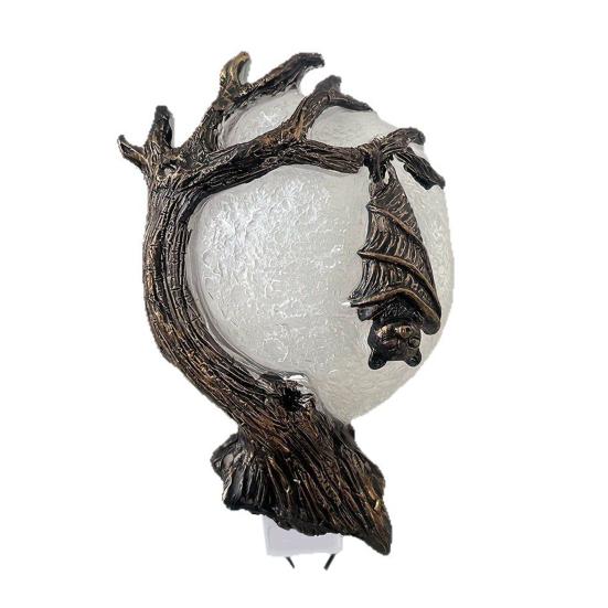 Halloween Inverted Bat Night Light Gothic Moon Tree Hanging Bat Plug-in Light Statue Holiday Party Bedroom Wall Outlet Bat Decorative Lamp