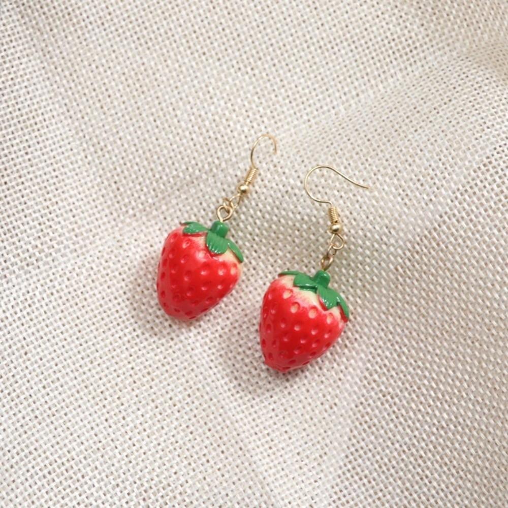 Vintage Strawberry Drop Earrings Green Leaves Dainty Simulated Fruit Earrings Bow Lovely Style Flower Drop Earrings Party