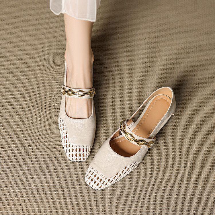 Woven soft leather hollowed out new Chinese summer women's shoes thick sole heightening foot cover super soft one-word single shoes sandals
