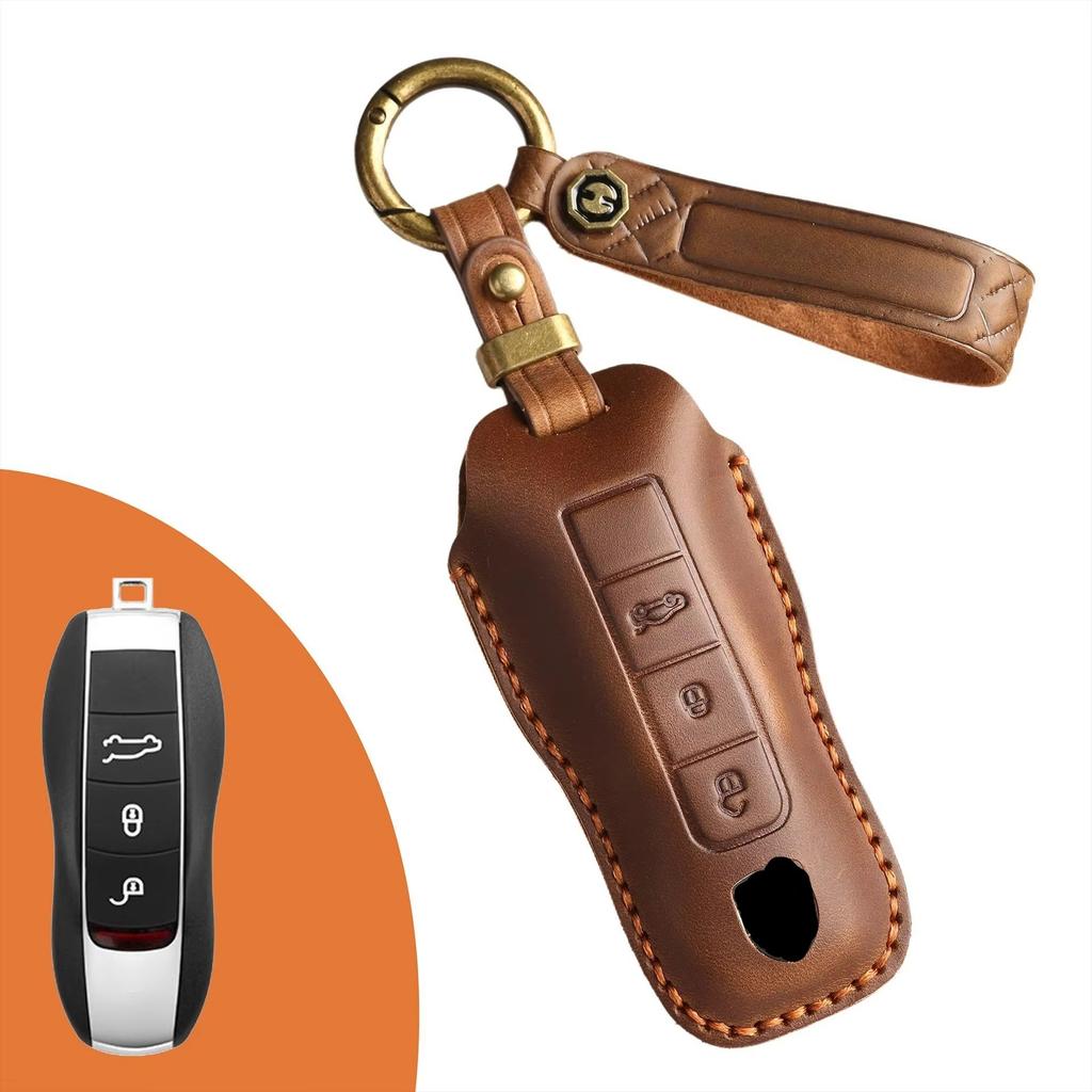 For Porsche Luxury Leather Car Key Cover Macan 718 Cayenne Paramera 911 958 Taycan Car Key Fob Key Outer Ring
