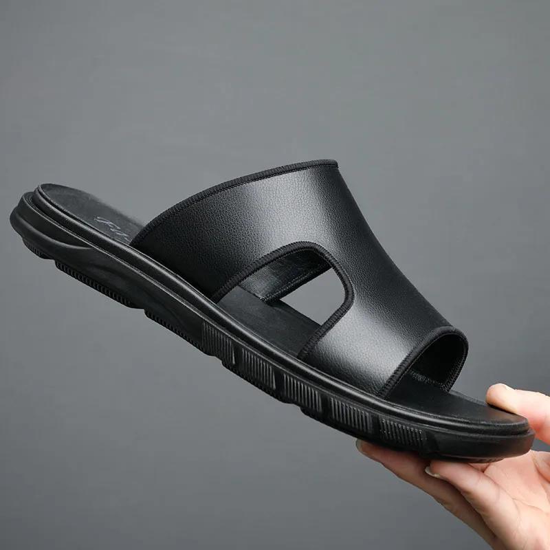 Fashion Summer Top Layer Cowhide Men's Beach Sandals Genuine Leather Casual Slippers  Men Shoes