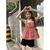 Kumikumi Sweet Style Contrast Color Plaid Pleat Age-Reducing Cami Women Summer Waist Hugging Slimming Versatile Top