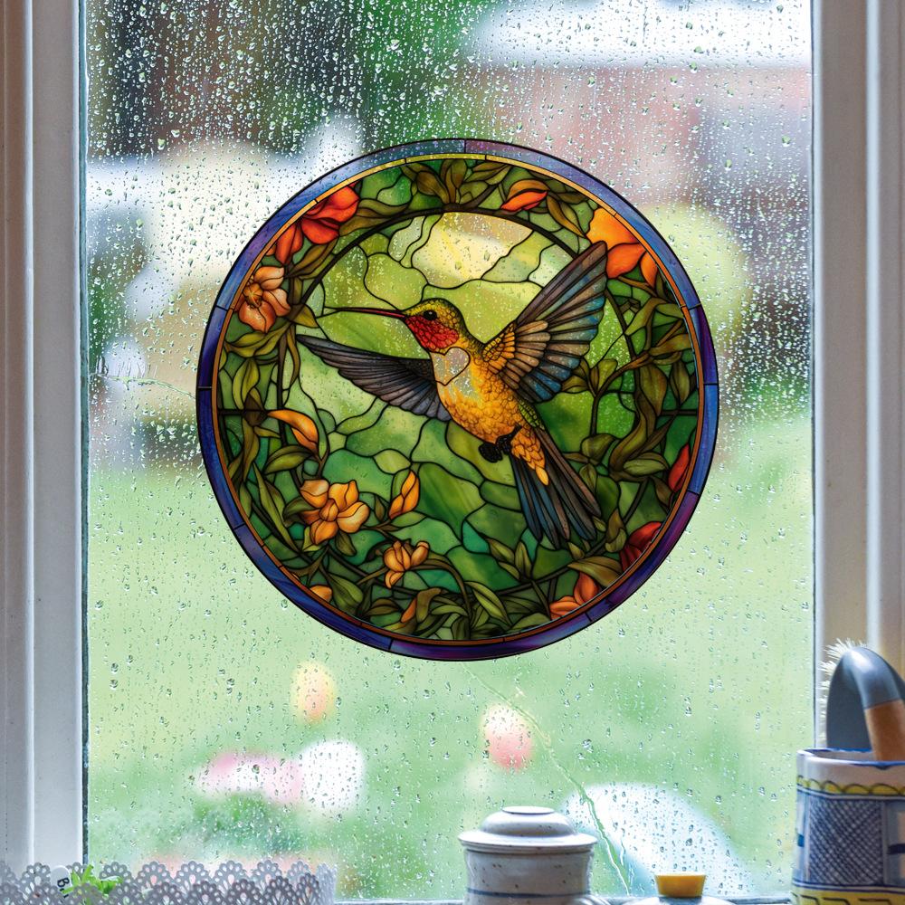 Retro Colorful Hummingbird Iris Window Glass Electrostatic Sticker Detachable Decorative Film Home Decoration