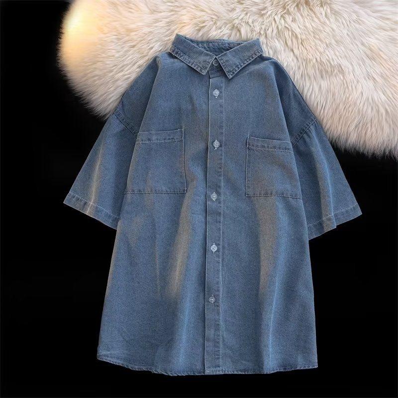Summer short-sleeved denim shirt trendy solid color ruffian handsome Hong Kong style thin Japanese shirt casual jacket