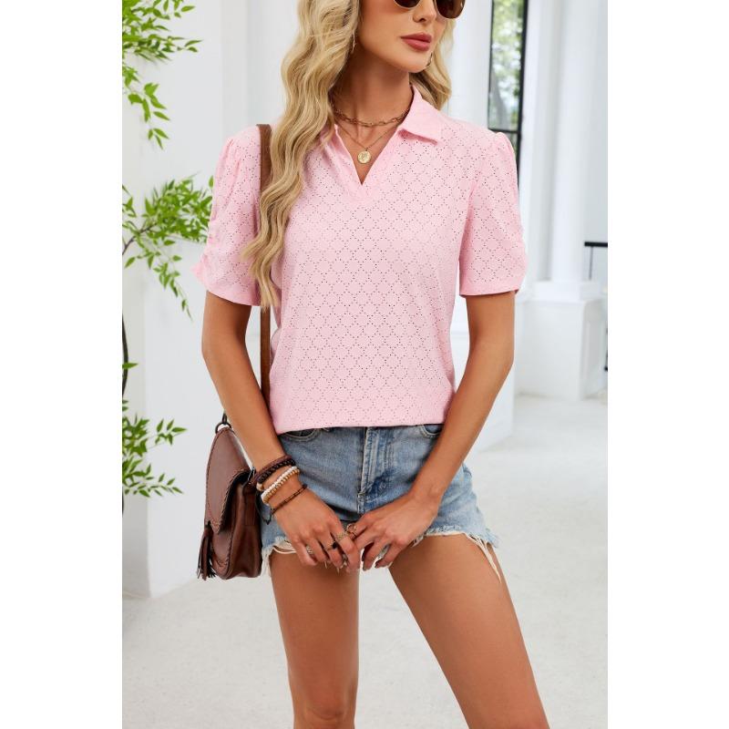 European and American cross-border foreign trade women's summer new V-neck T-shirt puff sleeve loose POLO shirt top