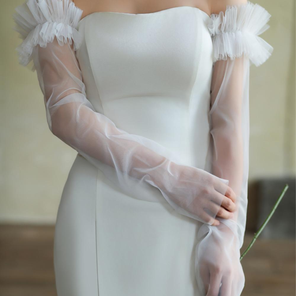 Korean Style Wedding Long Sleeves Solid Color Pleated Lace Arm Covers Bridal Arm Sleeves  Female