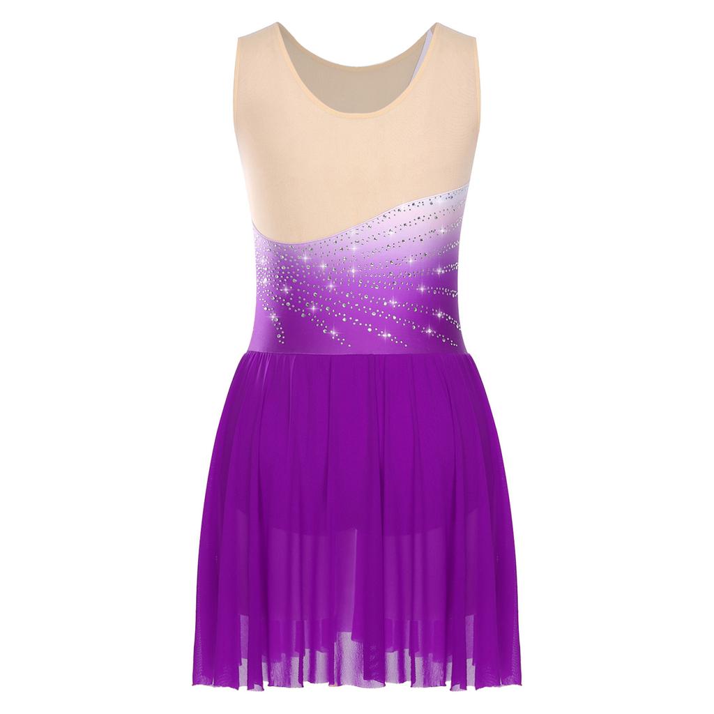 Womens Figure Skating Dress Rhinestones Mesh Patchwork Sleeveless Ice Skating Dress Built In Crotch Briefs