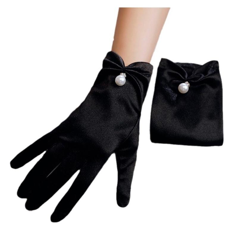 

2pcs Luxurious Satins Gloves With Bead Detailing Pearls Pendant Sunscreen Mitten for Wedding Ceremonies чорний