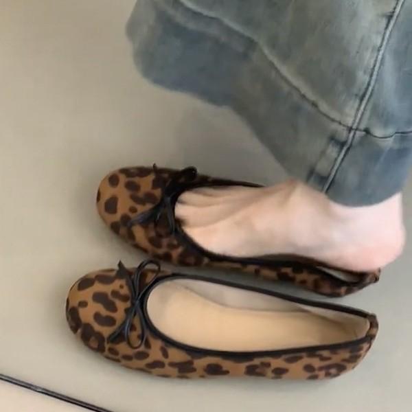 Sheepskin Version~ Genuine Leather French Flat-bottomed Leopard Print Bow One-pedal Shallow Mouth Single Shoes Women's Round Head Evening Shoes