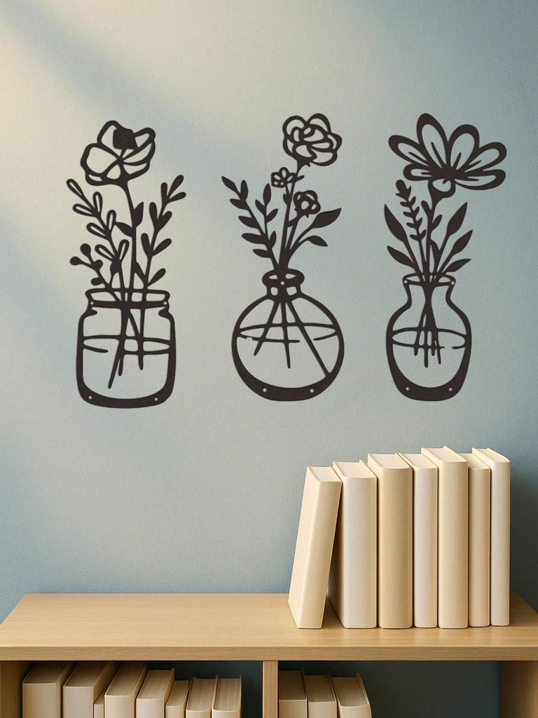 1-3 Pcs Modern Black Metal Flower Wall Art With Vase, Minimalist Waterproof Decor