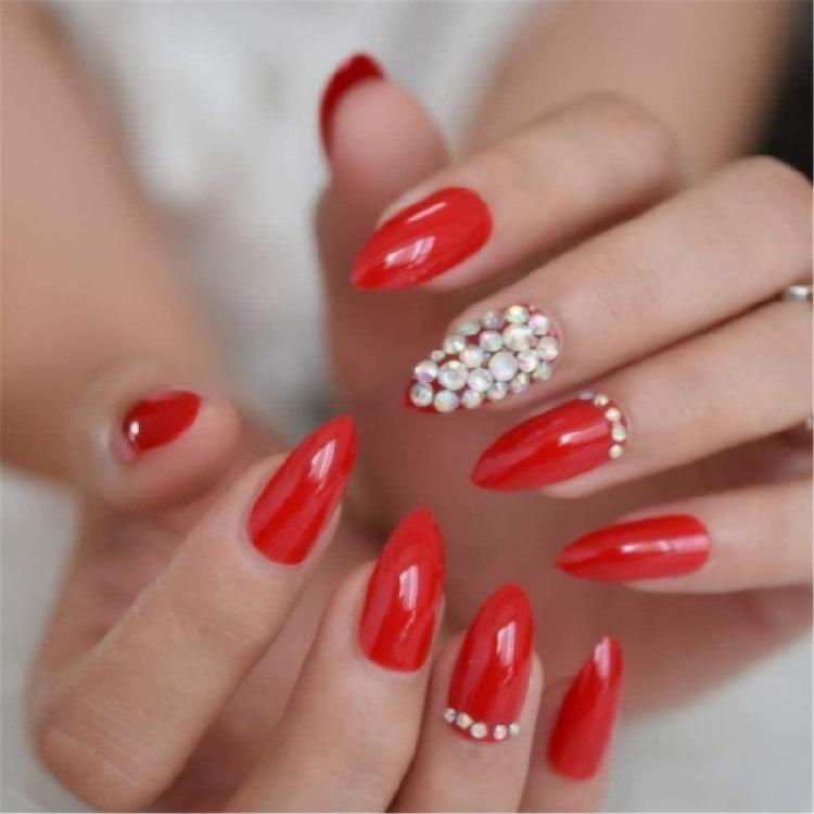 

Fashionable Press On Nail Full Cover False Nail with Rhinestones Ornament for Office and Party Use Easy To Apply 1