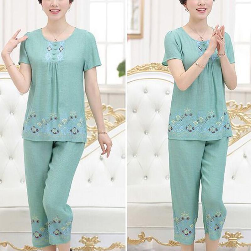 Pajamas for Women, Summer Short Sleeved Set for Middle-aged Mothers Two-piece Set for Home Wear, Can Be Worn Externally