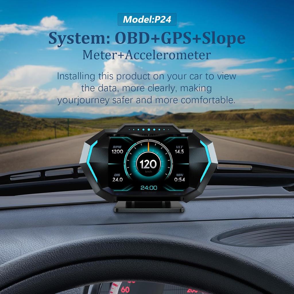 Obd2 Gauge Display with Speed, Heads Up Display for Cars P24, Fuel Consumption, RPM, Overspeed Alarm, OBD+GPS Digital Speedometer Suitable for All