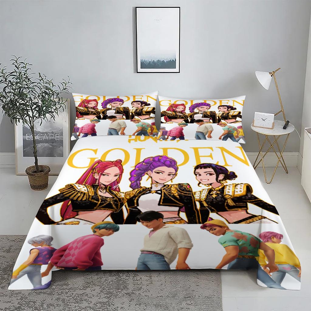 Golden Demon Hunters K-pop Bed Sheet Set 3D Printed Bed Flat Sheet With Pillowcase Bed Linen King Queen Size