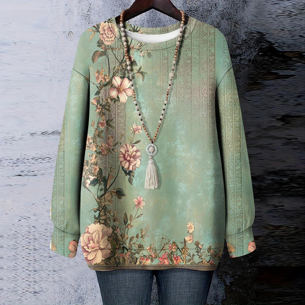 Women's Floral Print Round Neck Long Sleeved T-shirt Sweatshirt Top