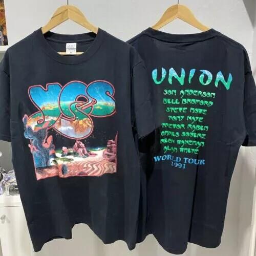 1991 YES Band Union World Tour 2 Side Cotton Black Unisex Tshirt Reprint S5XL Unisex T-Shirt XL