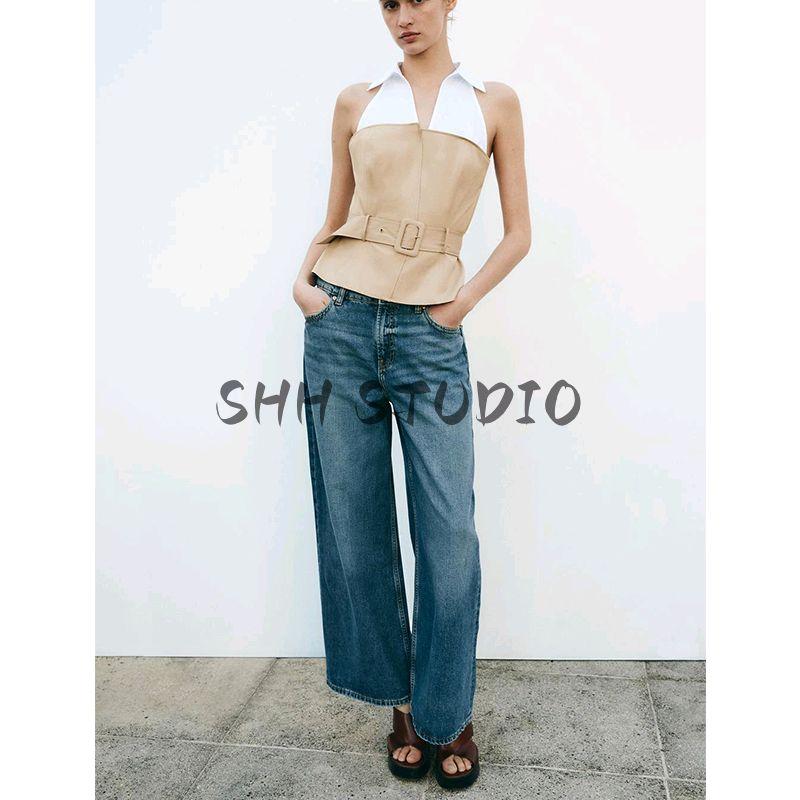 Spring and Summer New Women's Clothing with Belt Hanging Collar Patchwork Fashion Sleeveless Polo Collar Top 2609615