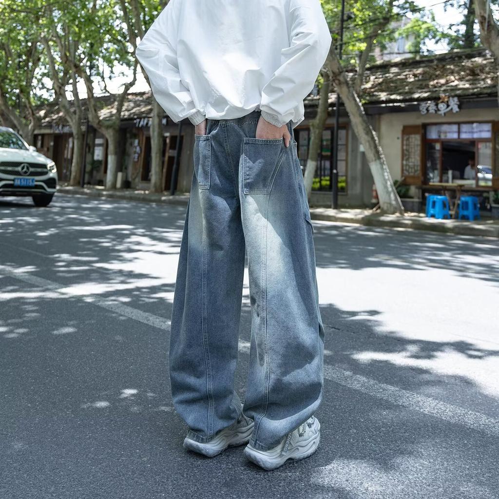 New retro washed old scimitar jeans men's loose straight casual wide-leg floor-mopping pants tide