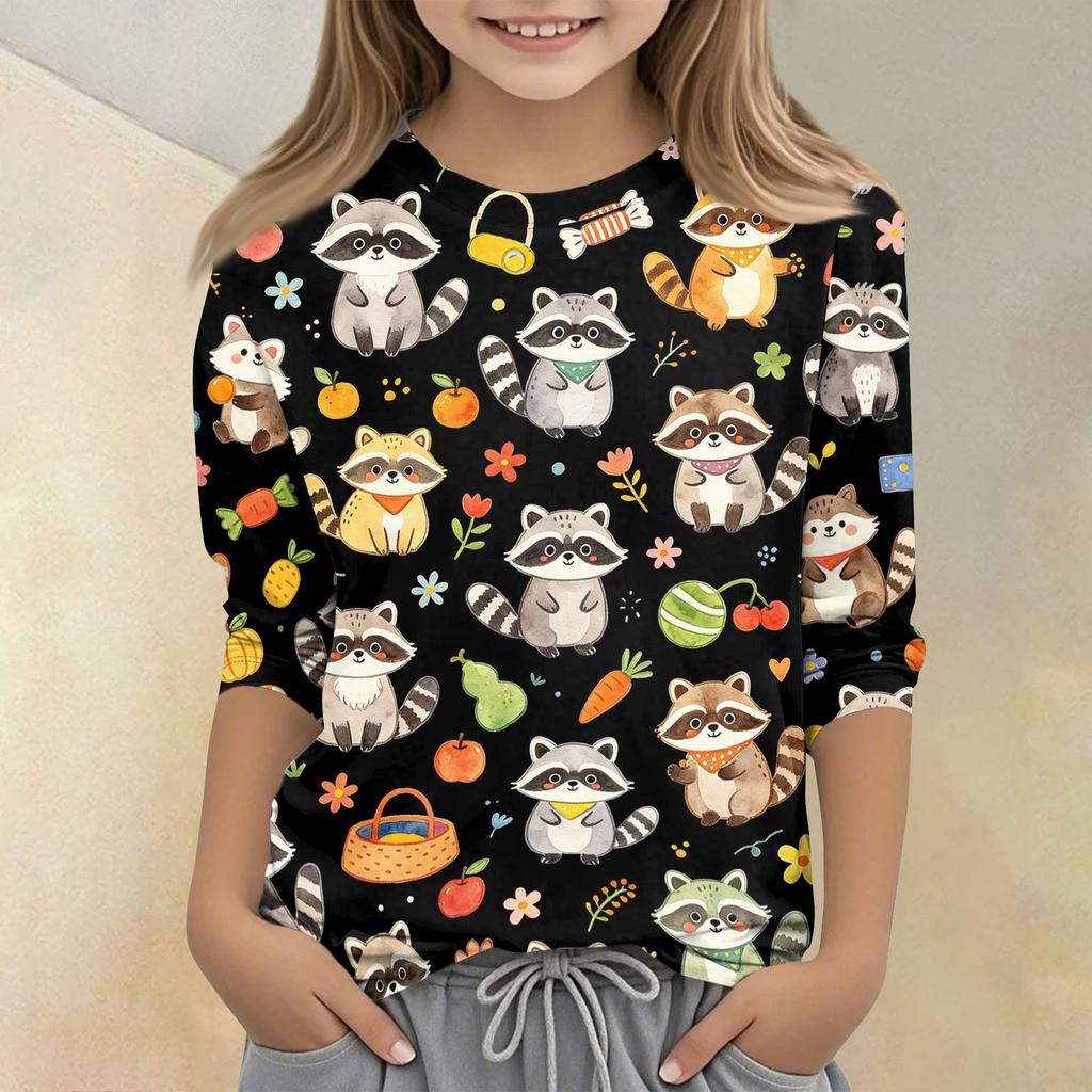 Kids Animal Print Crew Neck 3/4 Sleeve Casual T Shirt Soft Fabric Comfortable Fit Lightweight Design Suitable for Everyday Wear