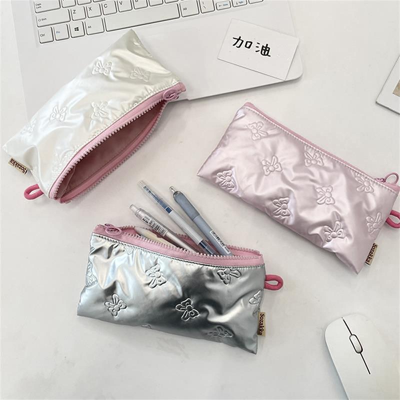 Sweet Quilted Bow Love Flap Pencil Case Organizer Coin Purse  Girly Cosmetic Bag Women Portable Sundries Storage Bag Gift